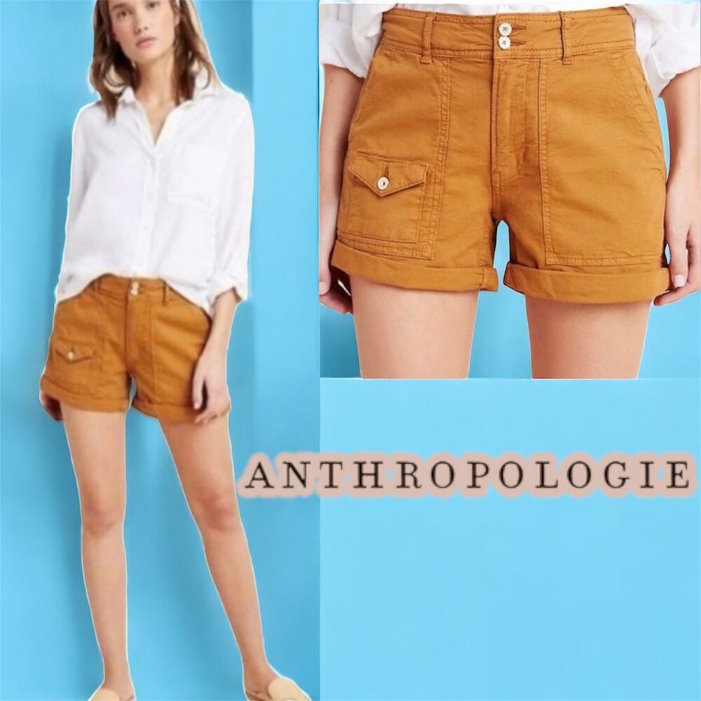 Anthropologie Mustard Utility Cuffed Cotton Shorts